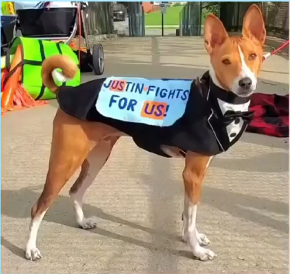 dog with vest says Justin fights for us!